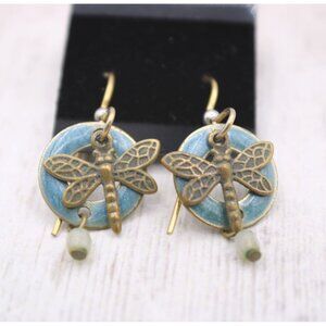 Dragonfly Dangle Earrings With Bronze & Blue Enamel Accents Dainty Delicate Vtg